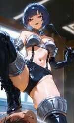 1boy 1woman ai_generated alternate_color armored armored_boots armored_female armored_gloves atlus backlighting backlit bikini_armor bikini_bottom bikini_top black_latex black_latex_armwear black_latex_bikini black_latex_boots black_latex_gloves black_latex_legwear black_latex_long_gloves black_latex_thighhighs black_lips black_lipstick blunt_bangs bob_cut brown_eyes cleavage doctor's_office dominant dominant_female eyebrows eyebrows_hidden_by_hair face_in_shadow faceless_male femdom fetish_wear goth goth_mommy half-closed_eyes high-cut_armor high_cut_armor holding_leg holding_object holding_own_leg holding_riding_crop in_shadow latex latex_boots latex_clothing latex_gloves latex_thighhighs light-skinned_female light_skin long_gloves looking_at_viewer looking_down_at_viewer low-angle_view megami_tensei metal_bikini metal_collar metal_cuffs metallic_silver navel navy_blue_hair official_alternate_costume oily oily_skin overhead_lighting persona persona_5 persona_5_royal platform_boots platform_heels pov pov_eye_contact riding_crop sega shin_megami_tensei shiny_skin shoulder_gloves silver smile smiling_at_viewer smirk smirking smirking_at_viewer standing stepping_on_chest stepping_on_male strapless_bikini straps_across_chest tae_takemi thigh_boots thigh_cuffs thighhighs upper_arm_cuffs wet wet_body wet_clothes wet_clothing wet_skin window