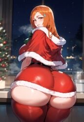 1girls ai_generated ass big_ass big_breasts bleach breasts christmas christmas_outfit erotic_costume inoue_orihime looking_at_viewer looking_back miyuai orange_hair stockings thick_thighs voluptuous