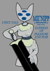 blue_eyes breasts covered_pussy deity english_text female grey_body holding_melee_weapon holding_object holding_sword holding_weapon hown_brash huge_weapon melee_weapon migniir monster mouthless multi_breast multi_eye multi_nipple nipples noseless shaded shaded_line_art simple_background sword tagme text unusual_anatomy weapon