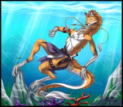 1boy anthro blue_eyes canine chinese_dragon dragon foreskin fox fur furry horns humanoid_penis intact korbl_fuchs loincloth loincloth_lift male male_only mane mustache necklace partially_retracted_foreskin paws penis semi-erect silvergrin smooth_penis solo tail uncut underwater water weapon