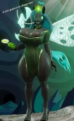 3d_(artwork) anthro areola armwear arthropod big_breasts black_areola black_body black_scales breasts changeling choker clothing crown dialogue digital_media_(artwork) dress ear_piercing egg elbow_gloves english_text female footwear friendship_is_magic gloves glowing green_eyes green_hair hair handwear hasbro headgear hi_res high_heels insect_wings jewelry magic my_little_pony necklace piercing pupils queen_chrysalis_(mlp) scales shoes slit_pupils solo text thick_thighs wings xlkev