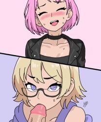 2boys artist_request blowjob blush brothers femboy femboy_only glasses incest oc original_character pink_hair purple_eyes yellow_hair