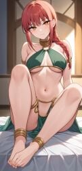 ai_generated aianonguy anime barefoot chainsaw_man demon makima_(chainsaw_man) pelvic_curtain red_hair self_upload sitting_on_bed slave_leia slave_leia_(cosplay) slave_outfit slavegirl stable_diffusion thigh_band underboob yellow_eyes