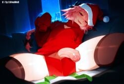 1boy a1exwell ai_generated astolfo_(fate) box braid christmas christmas_outfit fate/grand_order fate_(series) femboy foreskin gift_box head_tilt large_penis naughty_face open_box oversized_clothes penis penis_in_box precum saggin_penis sleeves_past_wrists spread_legs stable_diffusion sweater taker_pov thick_thighs tilted_head