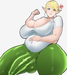 belly big_belly big_breasts blonde_hair blue_eyes breasts bulge bulge_through_clothing cleavage elf-san_wa_yaserarenai elfuda fat futa_only futanari huge_breasts huge_cock long_ears obese obese_futanari overweight overweight_futanari penis_outline pointy_ears solo solo_futa tenchizone thick_thighs