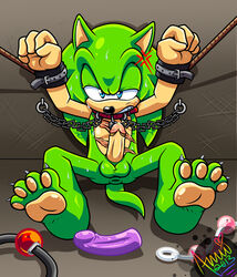 amuzoreh anthro anus ass balls bigger_version_at_the_source blue_eyes bondage bound chains collar dildo front_view fur furry green_fur hedgehog leash male male_only penis scar scourge_the_hedgehog sega sex_toy solo sonic_(series) sweat teeth