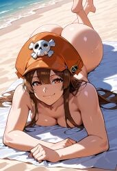 1girls ai_generated ass breasts close-up completely_naked completely_naked_female completely_nude completely_nude_female exhibitionism functionally_nude functionally_nude_female guilty_gear guilty_gear_strive laying_on_stomach laying_on_towel may_(guilty_gear) naked naked_female nude nude_female outdoors outside public public_exposure public_indecency public_nudity sand shiny_skin smile smiling smiling_at_viewer soles towel voluptuous voluptuous_female