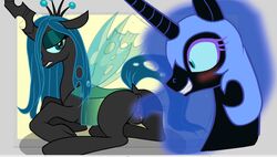 alicorn black_body black_fur blue_hair blush bound buttercup_saiyan changeling correct_artstyle dark_persona duo equine female feral friendship_is_magic green_hair hair helmet horn horse my_little_pony nightmare_moon_(mlp) penetration pony princess_luna_(mlp) pussy queen_chrysalis_(mlp) sitting vaginal_penetration wings yuri