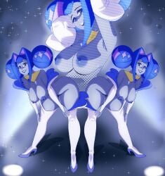 3girls android areolae armpits arms_behind_head arms_up bent_over blue_areola blue_eyes blue_eyeshadow blue_footwear blue_hair blue_theme boots breasts bridal_gauntlets clone clothing colored_nipples colored_skin coolerinker double_bun elbow_gloves female fishnets footwear full_body gloves grey_skin gwen_(knights_of_guinevere) hair_bun hands_on_own_knees high_heels inker_comics inkershike knights_of_guinevere large_breasts leaning_forward lipstick looking_at_viewer makeup multicolored_hair multiple_girls multiple_views nipples nude personification pose posing princess_guinevere purple_hair purple_lips smile stage_lights standing thigh_boots thighhighs white_thighhighs