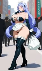 ai_generated apron barely_clothed bikini_top blush breasts breasts_bigger_than_head choker exhibitionism eyepatch_bikini facing_viewer finger_to_chin frills high_heels holding_bag holding_object huge_ass huge_breasts maid maid_headdress massive_breasts my_hero_academia nejire_hado outdoors outside pixai serving_tray shopping smile standing tgm101_(artist) thick_thighs thigh_boots thighhighs thinking thong walking