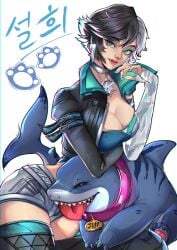 1girls beneceadraws cleavage cute female female_only jeff_the_land_shark korean_text luna_snow luna_snow_(marvel_rivals) marvel marvel_rivals short_shorts thick_thighs tongue wholesome