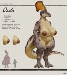 anthro areola belly big_breasts breasts claws digital_media_(artwork) dinosaur female full-length_portrait hadrosaurid hi_res navel nipples nude olorotitan onola_(upai) ornithischian ornithopod overweight portrait prehistoric_species reptile scalie solo stated_age tail upai