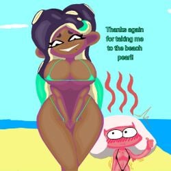 2024 2girls beach beauty_mark big_ass big_breasts bikini blush cephalopod cephalopod_humanoid comedy female flushed flushed_face flustered flustered_female funny green_bikini humor inkling larger_female marina_(splatoon) mole mole_under_mouth octoling pearl_(splatoon) smaller_female splatoon string_bikini sunburn tagme thehoarder00 thumbs_up y-string