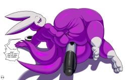 2_tails anal anal_sex anthro ass big_butt biped dialogue fingers hi_res holding_butt huge_butt kirbot12 looking_at_viewer looking_back lying multi_tail on_side penetration purple_body rear_view shadow simple_background solo speech_bubble tail text thick_thighs white_body