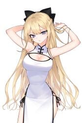 big_breasts blonde_hair blonde_hair blue_eyes breasts dress earrings hair_ornament hair_ribbon looking_at_viewer ritae sonya_(schan) thick_thighs traditional_clothes