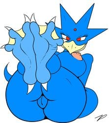 3_toes ass barefoot beak big_butt breasts duck female golduck looking_at_viewer nintendo pokemon pokemon_(species) pussy red_eyes smile soles video_games webbed_toes zp92