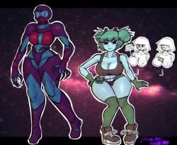 alien_girl armor big_breasts claw_fingers cleavage exposed_breasts green_belt green_gloves green_hair nipples pouches rose_dax rosededax shoes short_hair space