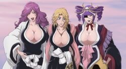 3girls big_breasts bleach blonde_hair breasts female female_only hikifune_kirio huge_breasts katen_kyoukotsu large_breasts matsumoto_rangiku multiple_girls purple_hair sonzhondaya