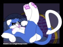 ass blue_body blue_fur breasts catgirlsupreme domestic_cat felid feline felis female fur furniture gesture grey_eyes hi_res lying lying_on_sofa mammal markings nude on_back on_sofa paws pink_paws pinup pose posed smile smiling_at_viewer smirk smirking_at_viewer smug smug_face sofa solo suggestive suggestive_gesture tail trans_(lore) trans_woman_(lore) white_markings