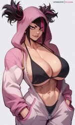 1girls abs ai_generated alternate_costume alternate_outfit bikini black_bikini black_hair capcom huge_breasts juri_han kosine1777 large_breasts muscular_female onesie open_clothes open_onesie open_pajamas pajamas pink_onesie street_fighter street_fighter_6 toned toned_female twintails