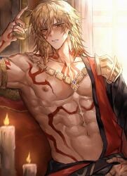 1boy abs arm_tattoo blush braid chalice chest_tattoo drunk facial_tattoo glistening_body gold_earrings gold_jewelry gold_necklace honkai:_star_rail honkai_(series) looking_at_viewer male_focus muscles muscular_male mydei_(honkai:_star_rail) open_clothes red_tattoo shoulder_tattoo solo_focus sweat tappe tattoo wine