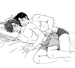 bed bedroom black_hair blush childhood_friend cho_sang-woo hand_on_head hand_on_hip laying_on_side male/male pillow_grab seong_gi-hun shirtless spooning squid_game underwear yaoi