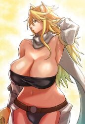 1girls akame_ga_kill! akasa523 animal_ears bare_shoulders blonde_hair breasts cleavage detached_sleeves female female_only fukamichi_ran'ou huge_breasts leone_(akame_ga_kill!) light-skinned_female light_skin long_hair navel one_arm_up raised_arm skimpy_clothes solo yellow_eyes