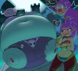 2girls balloon big_belly big_round_belly breasts female female_only green_hair green_skin huge_breasts inflation nuumatic purple_hair rottytops shantae shantae:_half-genie_hero shantae_(character) slime_inflation talking text text_bubble wayforward zombie_girl