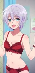 1girls cleavage kikuchi_fuuka lingerie medium_breasts red_hair red_panties short_hair silver_hair