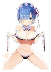 bare_arms bare_belly bare_legs bare_shoulders bare_thighs barefoot belly_button big_breasts black_bra black_panties blue_eyes blue_hair blush bra breasts cleavage detached_collar feet gaou hair_ornament hair_over_one_eye hair_ribbon maid_headdress open_bra open_mouth panties re:zero_kara_hajimeru_isekai_seikatsu rem_(re:zero) shiny_skin short_hair thighs underwear underwear_only undone_bra wariza