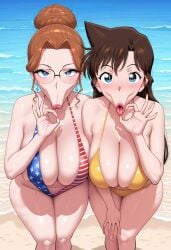 2girls ai_generated american_flag_bikini babski326 bangs bare_shoulders beach bikini blue_eyes blush breasts brown_hair cleavage collarbone day detective_conan earrings eri_kisaki facing_viewer fellatio_gesture flag_print glasses hair_bun huge_breasts jewerly large_breasts leaning_forward lips long_hair looking_at_viewer mature_female mother_and_daughter ocean open_mouth oral_invitation outdoors ran_mouri sand side-by-side single_hair_bun sling_bikini standing swimsuit tongue tongue_out water