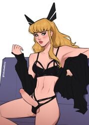 absurdres artist_name black_bra black_jacket black_panties blonde_hair blue_eyes bra collarbone erection female futanari highres illyana_rasputina jacket long_hair looking_to_the_side magik_(x-men) marvel marvel_rivals navel off_shoulder open_clothes open_jacket panties penis sitting solo testicles the_red_hood_bunny underwear x-men