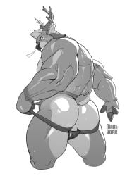 2024 3_fingers anthro antlers ass back_muscles backsack balls biceps big_butt black_and_white bodily_fluids breath cervine clothed clothing clothing_pull deer ear_piercing ear_ring elk fingers fur genitals grin hair hi_res horn jockstrap jockstrap_only jockstrap_pull looking_at_viewer looking_back low-angle_view makebork male mammal monochrome muscular muscular_anthro muscular_male pecs perineum piercing pinup portrait pose quads rear_view ring_piercing signature simple_background smile solo sweat sweaty_body teeth three-quarter_portrait topless triceps underwear underwear_only underwear_pull white_background