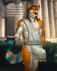 ancient_greece anthro athletic balls big_penis bodily_fluids canid canine clothing cum dripping erection erection_under_clothing fox genital_fluids genital_outline genitals hair hi_res huge_cock jyrki katarhein leaking_precum light long_hair male mammal money outside penis precum precum_drip precum_through_clothing solo sunlight text thick_penis toga wardrobe_malfunction wet wet_clothing