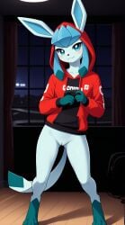 1girls 2024 ai_generated anthro blue_eyes blue_fur blushing bottomless bottomless_female digitigrade eeveelution female female_only gamer_girl generation_4_pokemon glaceon hi_res holding_controller hood_up hoodie indoors innie_pussy looking_at_viewer night nintendo pokemon pokemon_(species) pussy smile