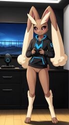 1girls 2024 ai_generated anthro black_sclera blushing blushing_at_viewer bottomless bottomless_female brown_fur digitigrade female female_only gamer_girl generation_4_pokemon hi_res holding_controller hood_down hoodie indoors innie_pussy looking_at_viewer lopunny nintendo pink_eyes pokemon pokemon_(species) pussy rabbit smile