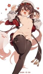 :d absurdres bikini boo_tao_(genshin_impact) breasts brown_hair brown_thighhighs claw_pose cute de_da_xianyu eyepatch_bikini eyewear_on_head female genshin_impact hat highres hu_tao_(cherries_snow-laden)_(genshin_impact) hu_tao_(genshin_impact) long_hair navel oerba_yun_fang red_nails simple_background skin_fang small_breasts smile solo standing standing_on_one_leg star-shaped_pupils star_(symbol) sunglasses swimsuit symbol-shaped_pupils thighhighs very_long_hair white_background white_bikini white_hat