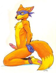 anthro biceps black_nose bondage bound canine claws dora_the_explorer fox fur furry gloves handcuffs kneeling looking_at_viewer male male_only mask nude penis renard_v solo swiper