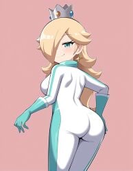 ai_generated ass ass_focus biker_clothes blonde_hair blue_eyes bodysuit crown earrings from_behind gloves hairband hand_on_hip kslgsnb long_hair looking_at_viewer looking_back mario_(series) princess_rosalina seductive seductive_eyes seductive_look seductive_smile simple_background super_mario_bros. super_mario_galaxy thick_thighs yodayo