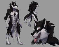 abs anthro ass back balls biceps black_fur canine chest_tuft fangs flaccid fur furry male male_only muscles nude open_mouth orion_(aluminemsiren) pecs penis red_eyes sheath solo teeth tongue treats tuft white_fur wolf