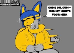 1girl animal_crossing animated ankha ankha_(animal_crossing) anthro blowjob blue_hair cum cum_in_mouth cum_on_face dominated domination feline female grey_penis half-closed_eyes highres huge_breasts looking_at_viewer male/female mommy_kink oral paizuri penis short_hair solo speech_bubble tagme urbanica video yellow_body