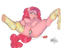 2013 anthrofied anus blue_eyes breasts equine female friendship_is_magic hae-hyun hair horse lying my_little_pony nipples on_back one_eye_closed pink_fur pink_hair pinkie_pie_(mlp) plain_background pony pussy sex_toy socks solo straight_hair vibrator white_background