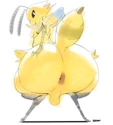 2019 absurd_res alien antennae_(anatomy) anthro anus arthropod arthropod_abdomen backsack balls bee bee_boy_(mooneater) black_sclera genitals hand_on_butt hi_res hymenopteran insects male puwa simple_background solo sqoon white_background wings yellow_body