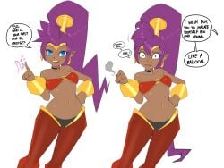 1girls blue_eyes confused confusion dark-skinned_female dark_skin earrings female_only first_part genie genie_girl nuumatic purple_hair purple_nails shantae shantae_(character) solo solo_female standing talking talking_to_viewer tan_body tan_skin text text_bubble wayforward