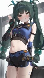 ai_generated android breasts green_eyes green_hair midriff petite police police_uniform policewoman qingyi_(zenless_zone_zero) robot robot_girl small_breasts twintails zenless_zone_zero