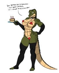 1girls 2020 5_fingers 5_toes alternate_costume alternate_version_at_source alternate_version_available anthro arm_warmers armwear bikini birthday_cake black_eyes breasts cake candle collar connivingrat crocodile crocodilian crocodylid dialogue english_text female fingers food front_view genitals green_body green_scales hand_on_hip hi_res holding_object leg_warmers legwear looking_at_viewer muscular muscular_female nipples non-mammal_breasts nude pussy reptile scales scalie simple_background solo standing text toes uncensored white_background