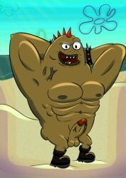 1boy abs beach brown_body cumshot fish full_body gay male mohawk_brute muscles muscular_male punk sea spongebob_squarepants tattoo toonfurart