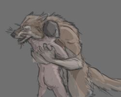 anthro balls bipedal brown_hair canine closed_eyes drawn ears_down embrace fur furry gdane grey_background hair hug human human_on_anthro interspecies nude open_mouth pink_skin plain_background socks_(marking) standing tan_fur werewolf whiskers