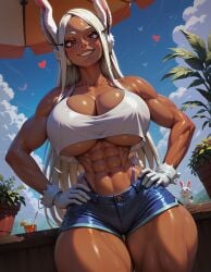 1girls abs ai_generated boob_window bunny bunny_ears cleavage ebony hourglass_figure long_hair looking_at_viewer loraart no_bra pov shiny_skin short_shirt short_shorts thick_thighs thighs thong underboob white_hair