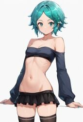 ai_generated alternate_costume aqua_eyes aqua_fingernails aqua_hair bangs bare_shoulders black_skirt black_thighhighs black_topwear cleavage collarbone crystal_hair forehead frilled_skirt houseki_no_kuni land_of_the_lustrous long_sleeves looking_away microskirt midriff navel off_shoulder painted_nails parted_bangs phos phosphophyllite shiny_hair short_hair skindentation small_breasts standing strapless thigh_gap thighhighs thighs white_background